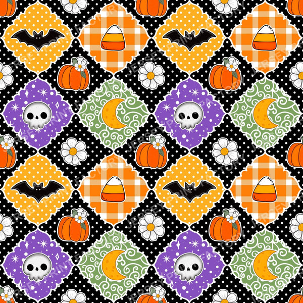 Colorful Halloween Patchwork Bats Skulls Pumpkins Candy Corn