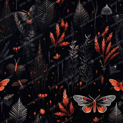 Halloween Style Pattern With Red and Black Moths and Wildflowers