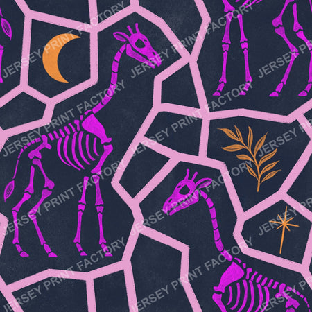 Neon Pink and Orange Halloween Animal Print, Giraffe Skeleton - Gothic Fossils with Moon and Stars