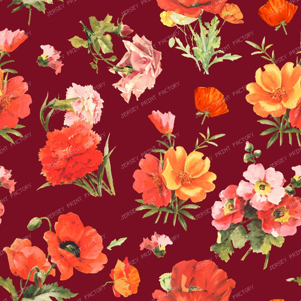 Small Red Poppy Flowers Bold Vibrant Floral Pattern on Burgundy