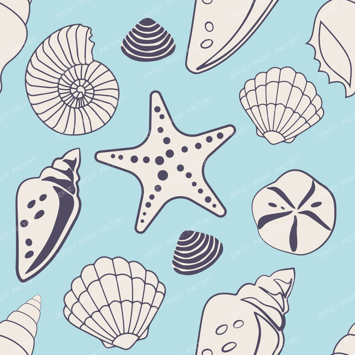 Seashells, Scallops, Conch Shells, Clam Shells, Starfish, Blue