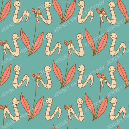 Happy Worm & Leaf Pattern — Teal