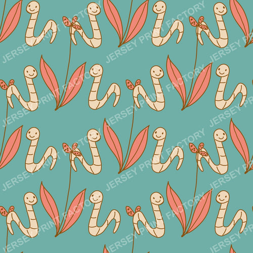 Happy Worm & Leaf Pattern — Teal