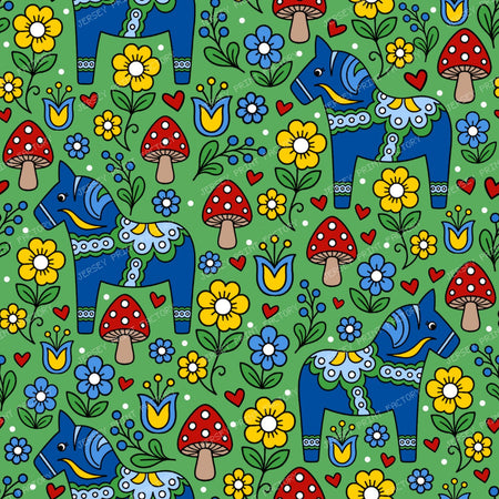 Blue Dala Horse Swedish Scandinavian Floral Green