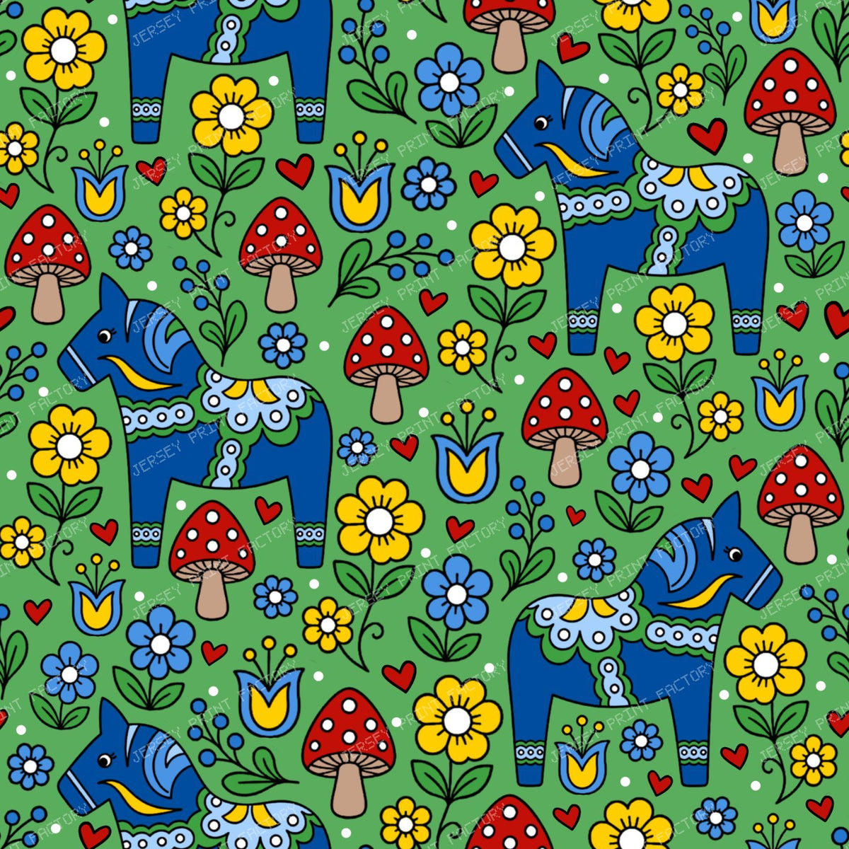 Blue Dala Horse Swedish Scandinavian Floral Green