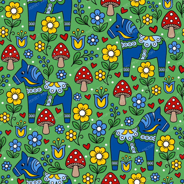 Blue Dala Horse Swedish Scandinavian Floral Green