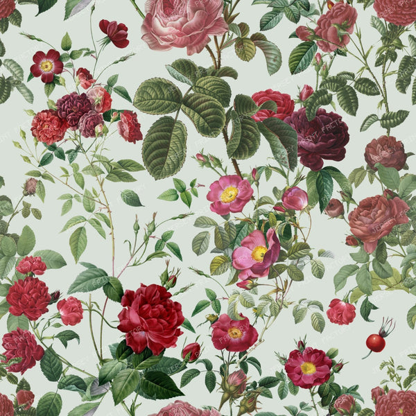 Red Roses Grandmillennial Floral Botanical Pattern on Sage Green