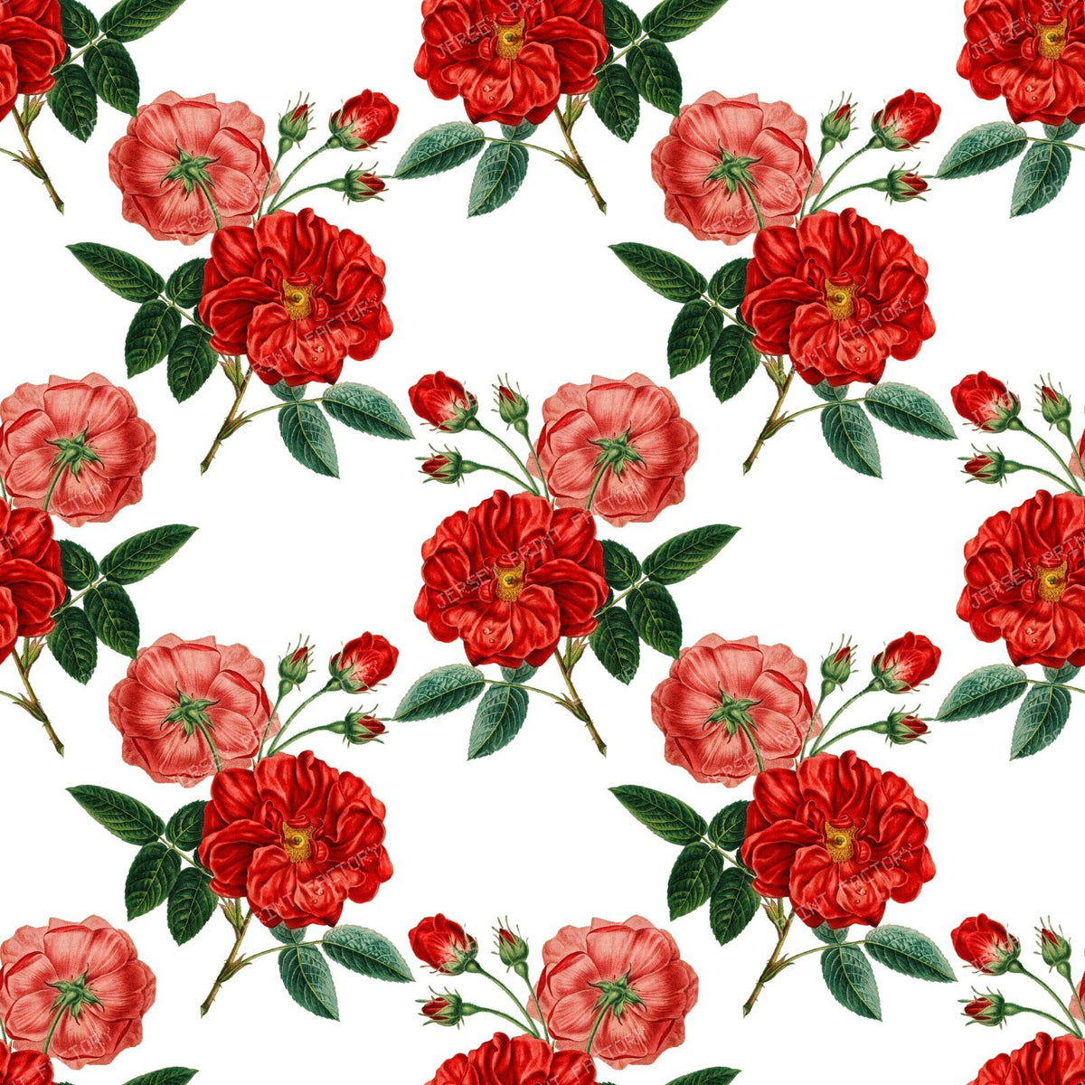 Pink Roses, Pink Flowers, Floral Pattern, Rosebud, Leaves — Red 1