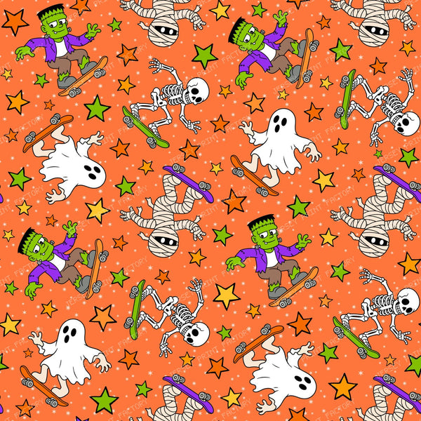 Halloween Skateboarding Monsters Skeletons Ghosts Mummies Orange
