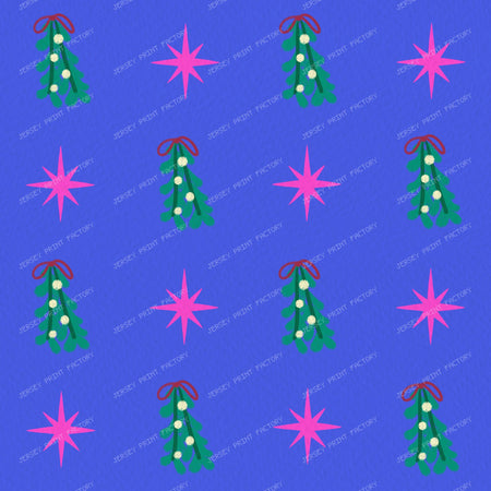 Whimsical Winter Mistletoe and Pink Stars on Purple — Bright Blue