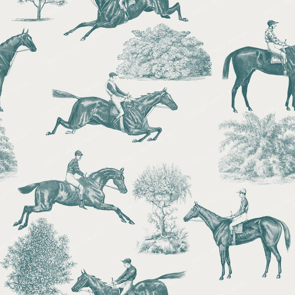Horse Racing Teal Monochrome Cottagecore Toile Pattern