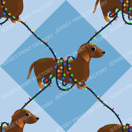 Sausage Dog in String Lights - Winter Weiner Festive Diamonds on Powder Blue