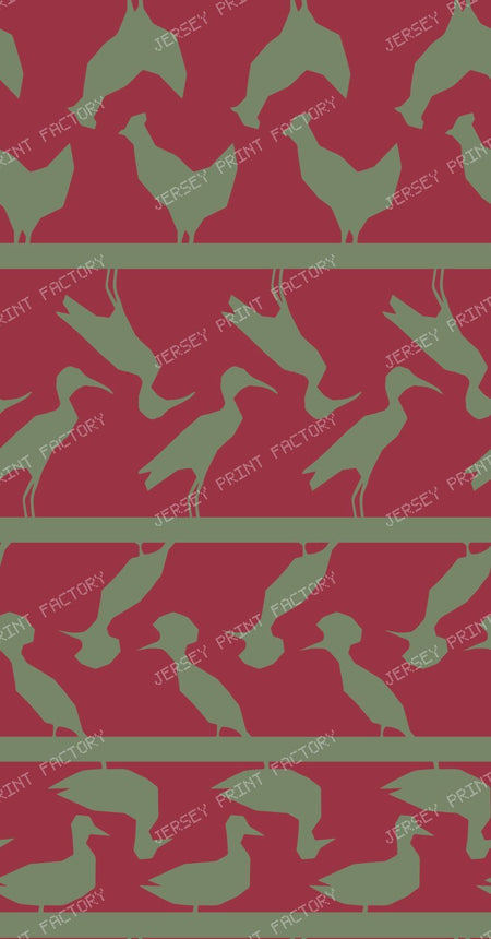 Bird Border Stripe Fabric Multicolor — Sage on burgundy