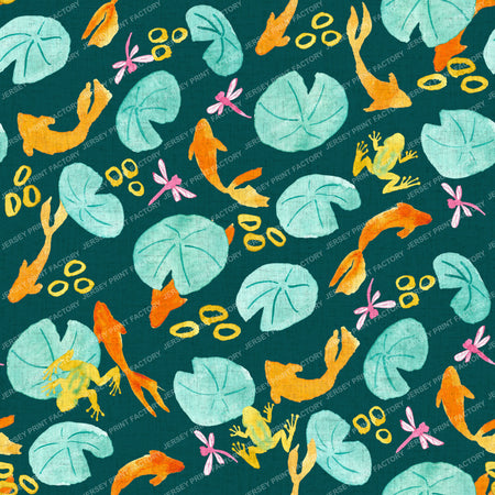 Koi Fish Pond with Lily Pads, Dragonflies, and Frogs