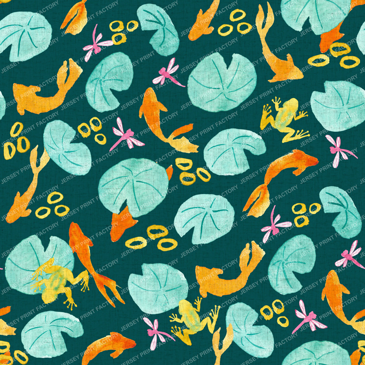 Koi Fish Pond with Lily Pads, Dragonflies, and Frogs