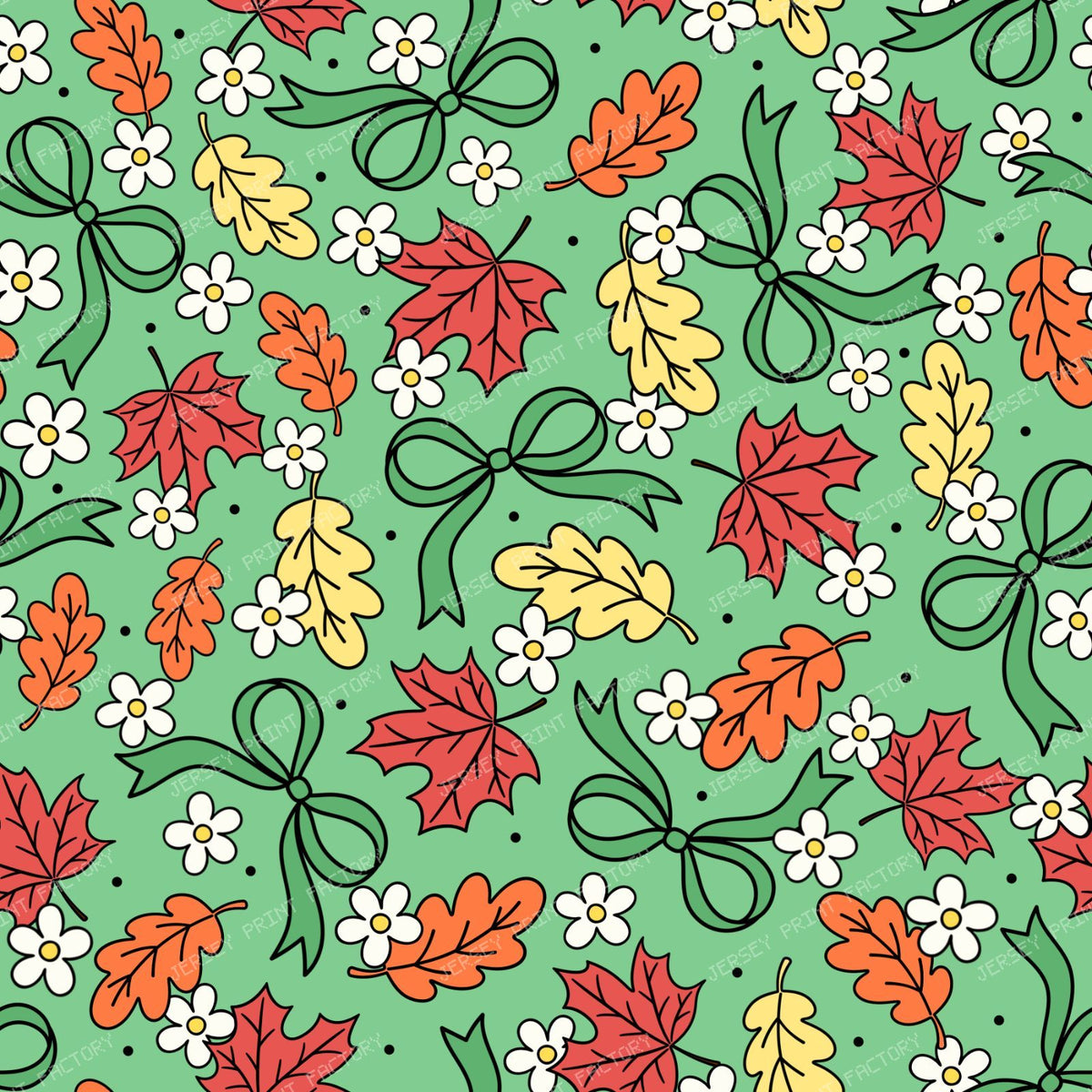 Fall Leaves And Daisy Flowers Autumn Coquette Bows On Green