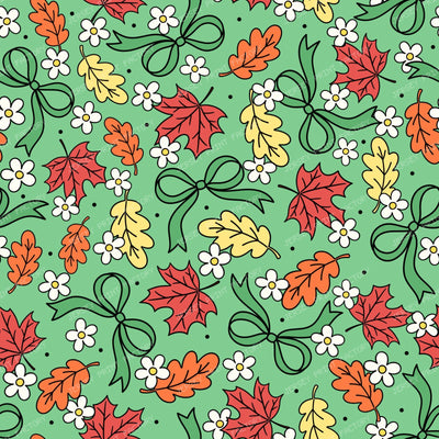 Fall Leaves And Daisy Flowers Autumn Coquette Bows On Green