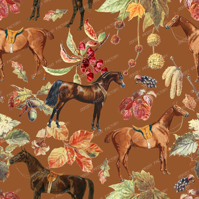 Autumn Horses and Forest Plants Cottagecore Vintage Chic Botanical Pattern on Sage Green — Brown