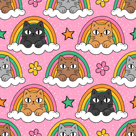 Funny Grumpy Cat  in Rainbow Cloud  on Pink