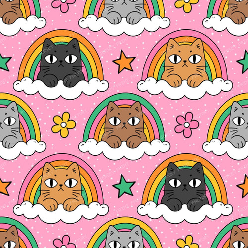 Funny Grumpy Cat  in Rainbow Cloud  on Pink