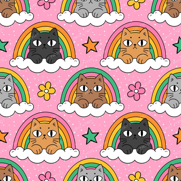 Funny Grumpy Cat  in Rainbow Cloud  on Pink