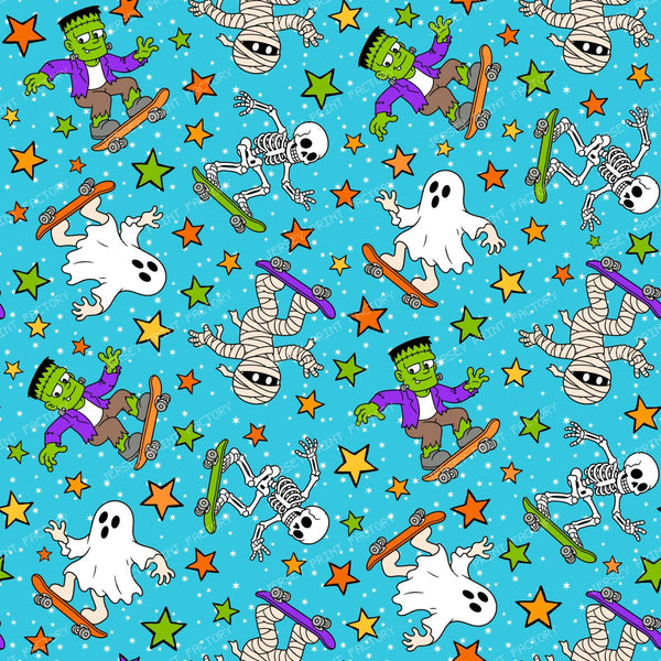 Halloween Skateboarding Monsters Skeletons Ghosts Mummies Blue