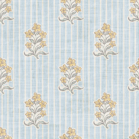 Agatha   Vintage Striped Block Print Floral   Blue & Yellow