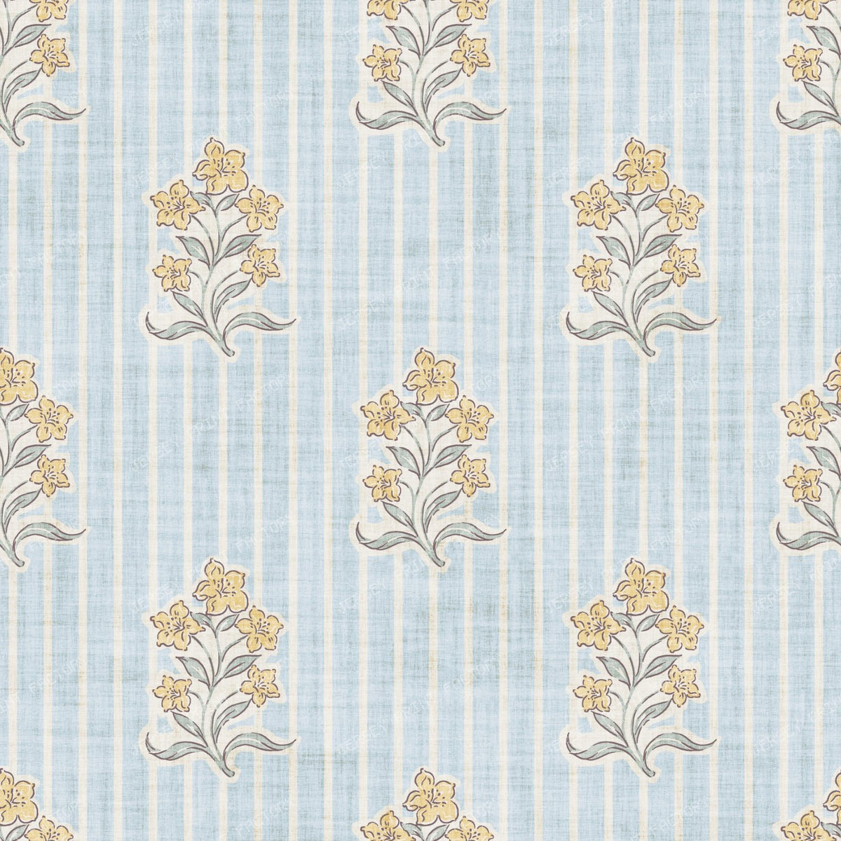 Agatha   Vintage Striped Block Print Floral   Blue & Yellow
