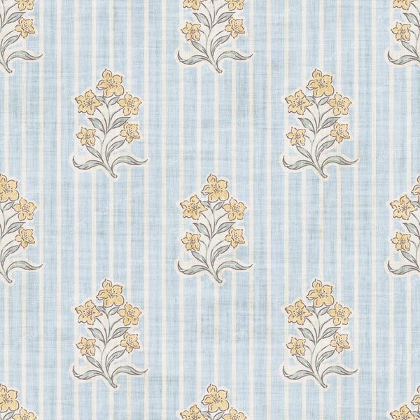 Agatha   Vintage Striped Block Print Floral   Blue & Yellow