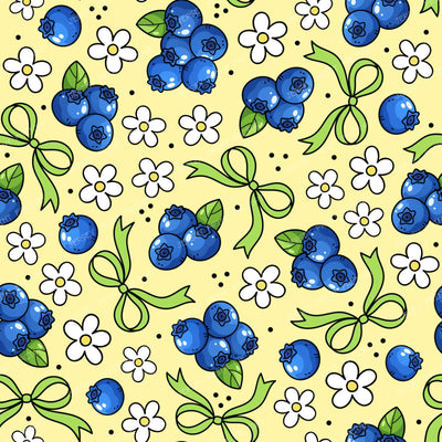 Blueberries Daisies And Bows Fruity Coquette Floral Butter Yellow