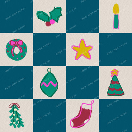 Christmas Checkerboard with Festive Doodles in Purple — Teal