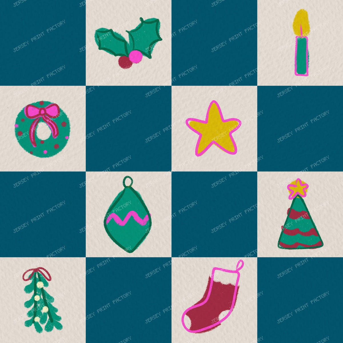 Christmas Checkerboard with Festive Doodles in Purple — Teal