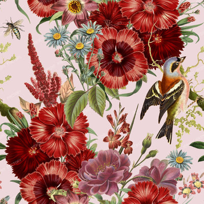 A Baroque Bouquet of Burgundy Flowers with a Birds Vintage Chic Cottagecore Floral Pattern — Primrose Pink