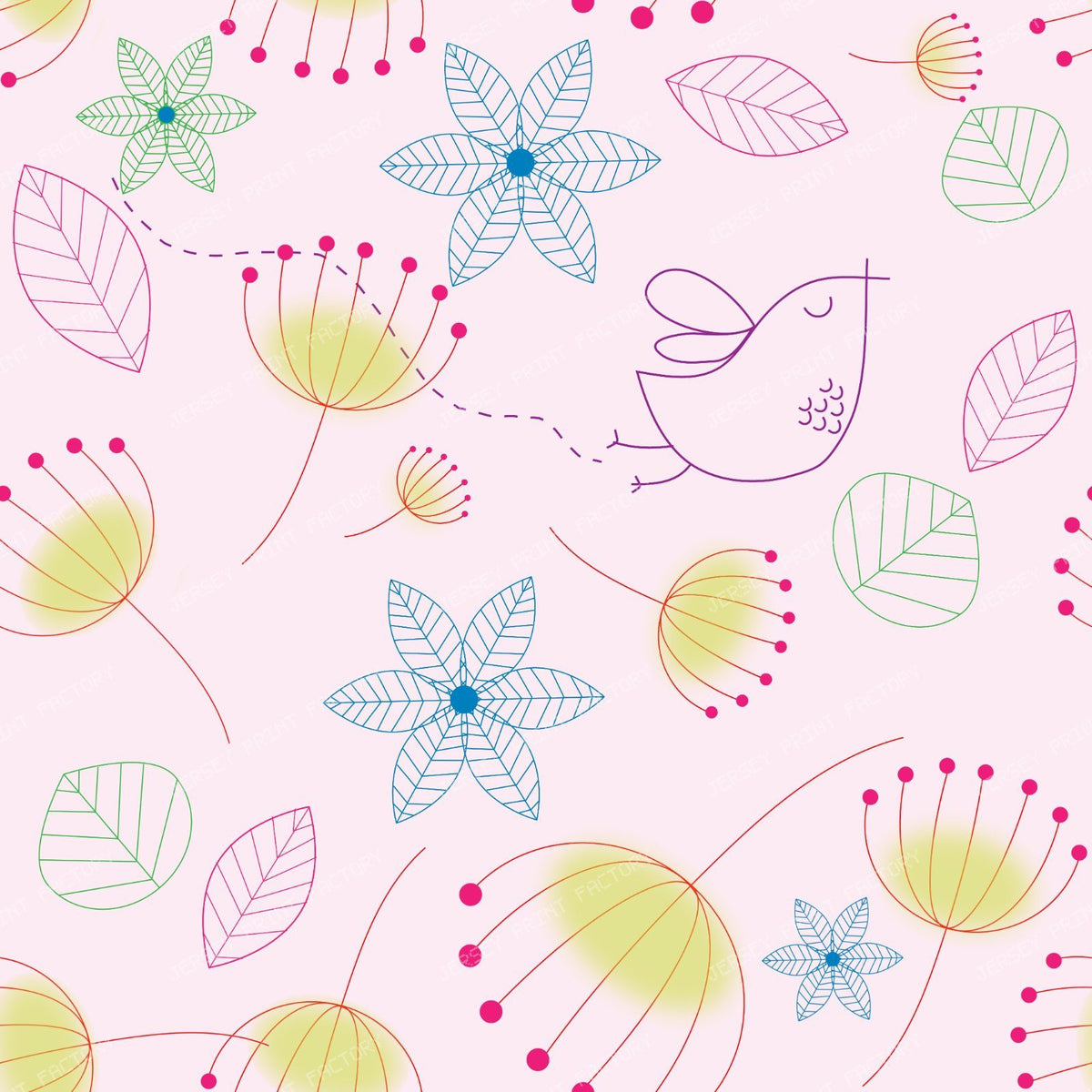 Pattern Of Flowers, Dandelions, Leaves, Bird