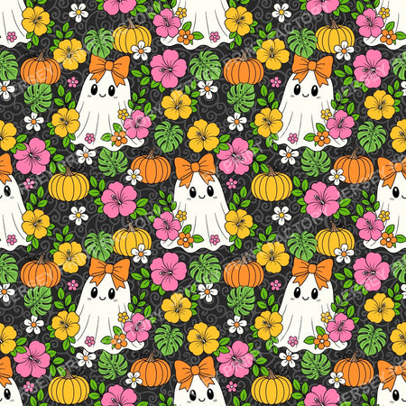 Halloween Girly Ghosts With Tropical Flowers On Black