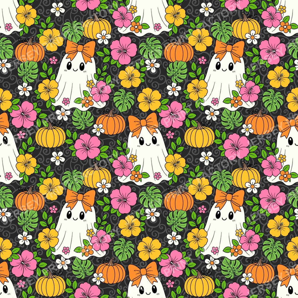 Halloween Girly Ghosts With Tropical Flowers On Black