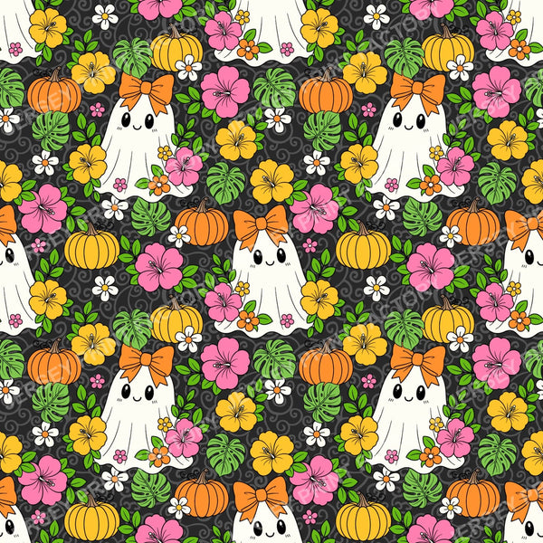 Halloween Girly Ghosts With Tropical Flowers On Black