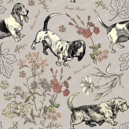 Basset Hound Dogs and Wildflowers Vintage-Chic Cottagecore Pattern on Pink — Grey