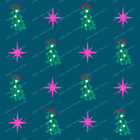 Whimsical Winter Mistletoe and Pink Stars on Purple — Teal