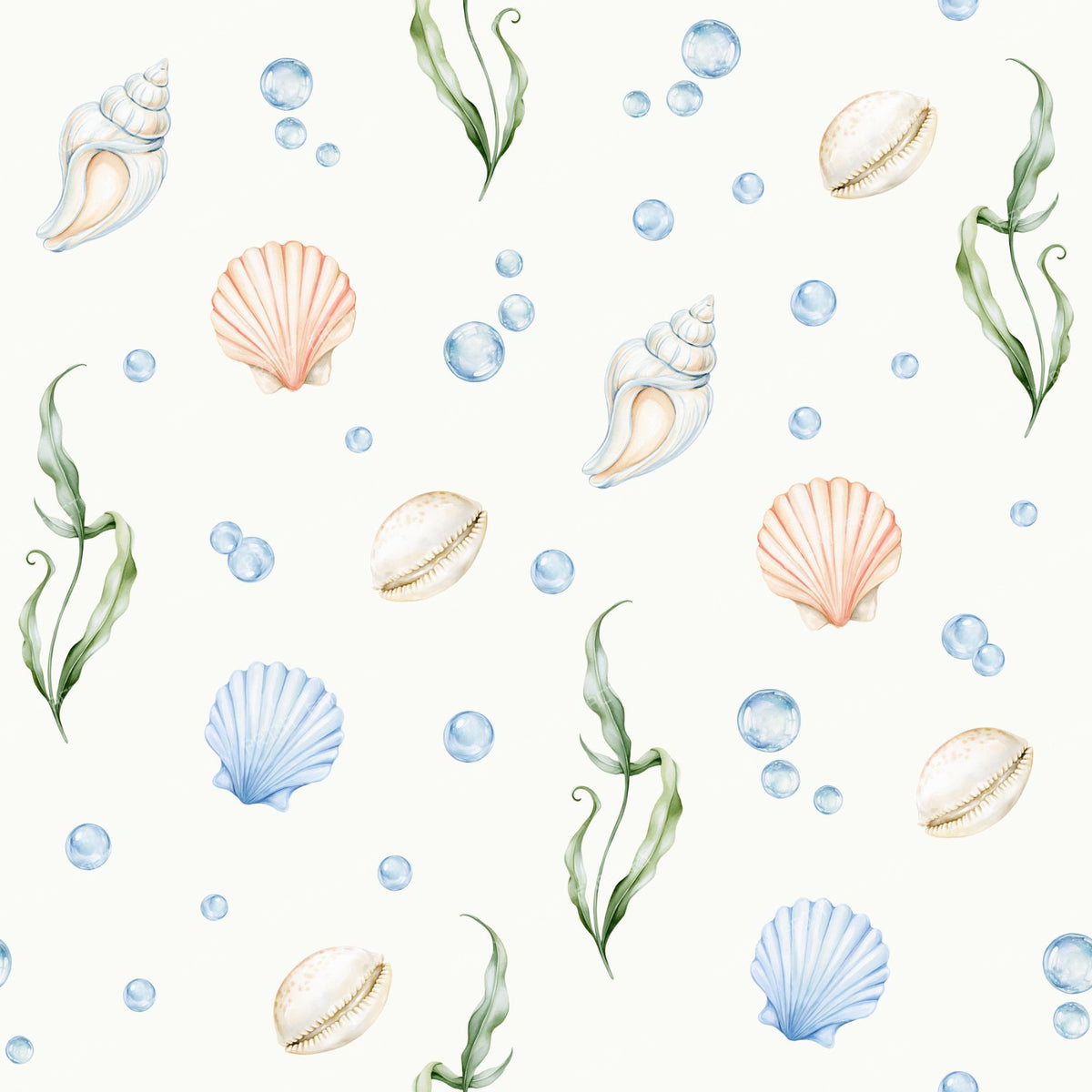Seashells, Scallops, Conch Shells, Seaweed, Bubbles