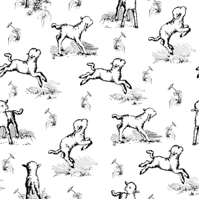 Little Sheep in the Meadow Black and White Cottagecore Toile Pattern for Children