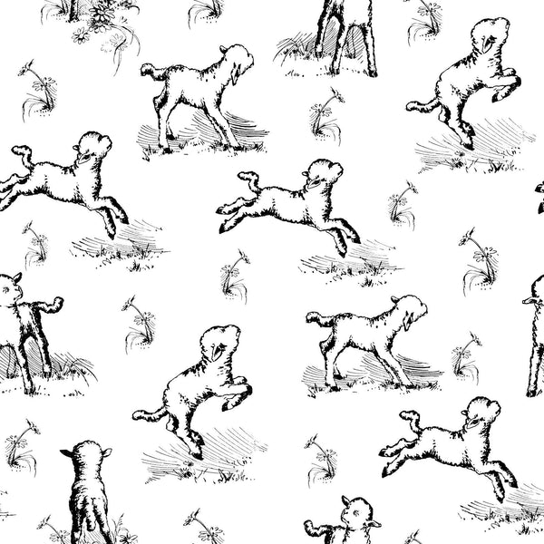 Little Sheep in the Meadow Black and White Cottagecore Toile Pattern for Children