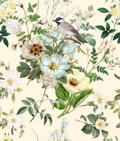 A Beautiful White Flower Bouquet with a Little Bird Cottagecore Vintage-Chic Floral Pattern on Off-White — Ecru