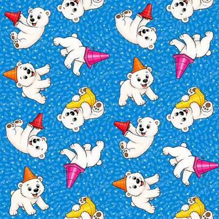 Playful Momota Polar Bear and Cones on Blue