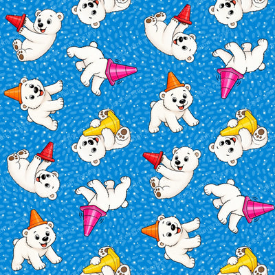 Playful Momota Polar Bear and Cones on Blue