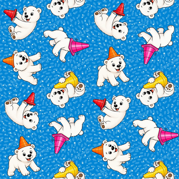 Playful Momota Polar Bear and Cones on Blue