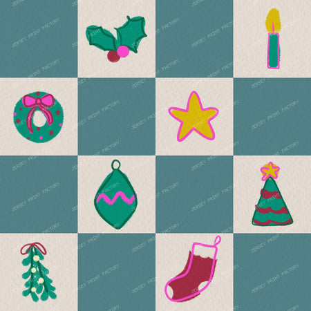 Christmas Checkerboard with Festive Doodles in Purple — Muted Blue