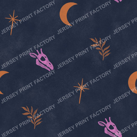 Halloween Animal Print, Pink and Orange Giraffe Skull on Navy Blue - with Moon and Stars