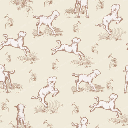 Little Sheep in the Meadow Creamy Cottagecore Toile Pattern for Children