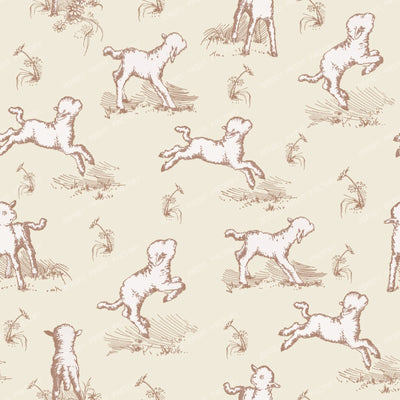 Little Sheep in the Meadow Creamy Cottagecore Toile Pattern for Children